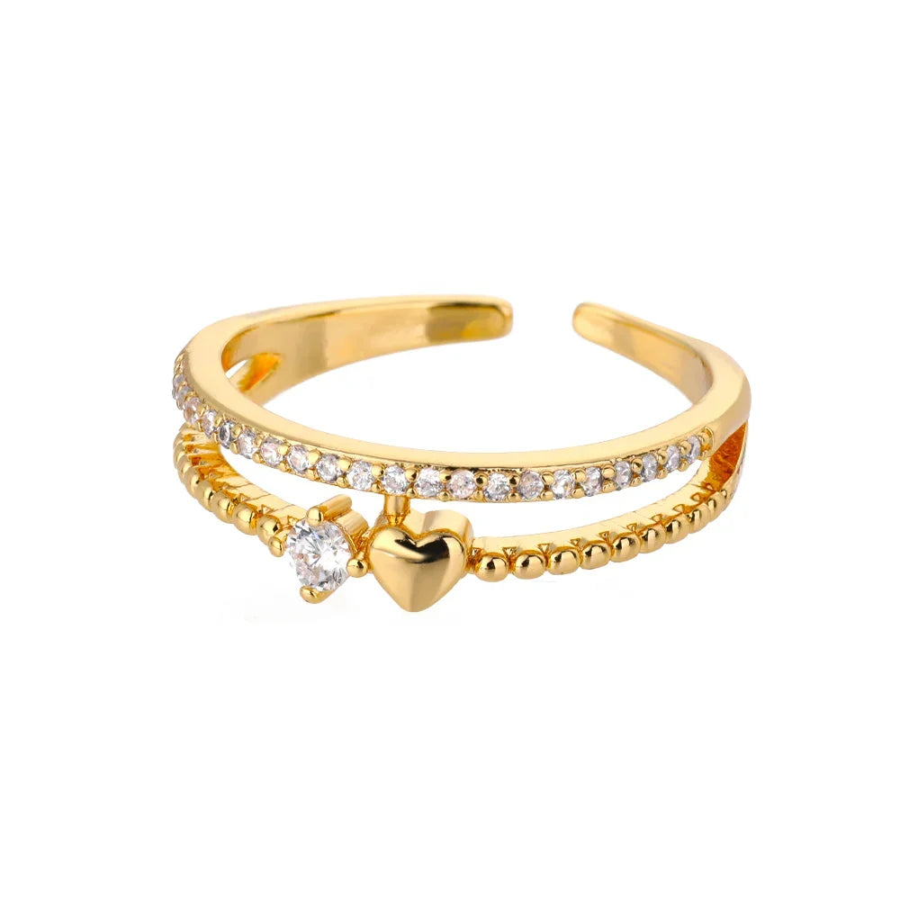 Zircon Heart Stainless Steel Gold Color Geometric Open Finger Ring - Palm and Thread