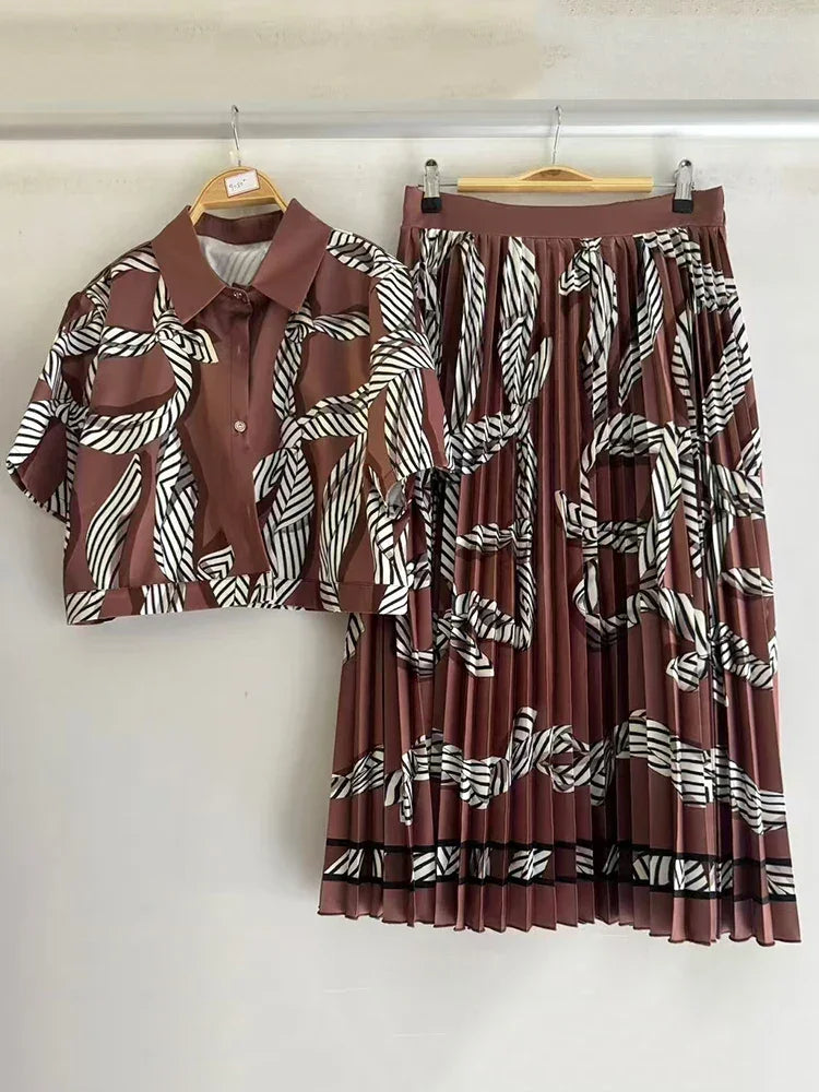 retro geometric print lapel shirt +SKIRT two-piece set - Palm and Thread