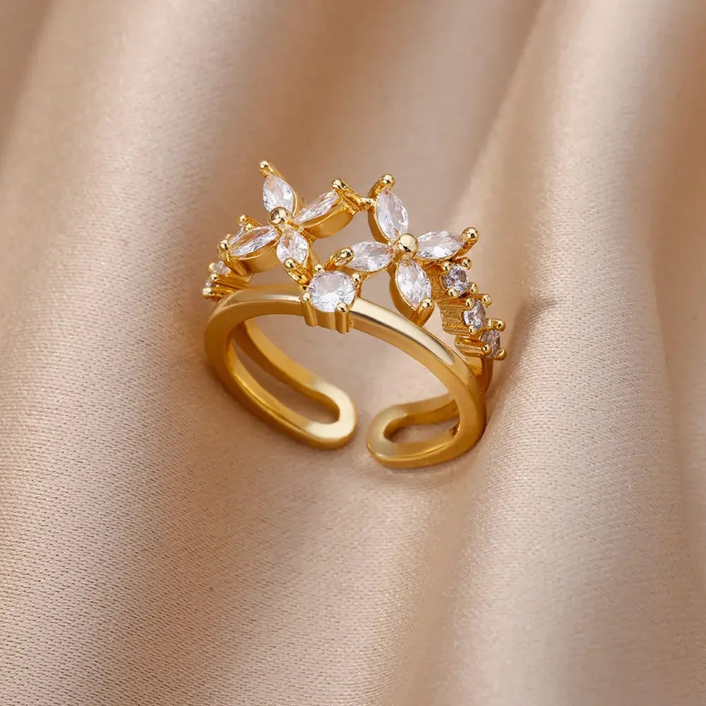 White Zircon Flower Leaf Shape Stainless Steel Ring - Palm and Thread