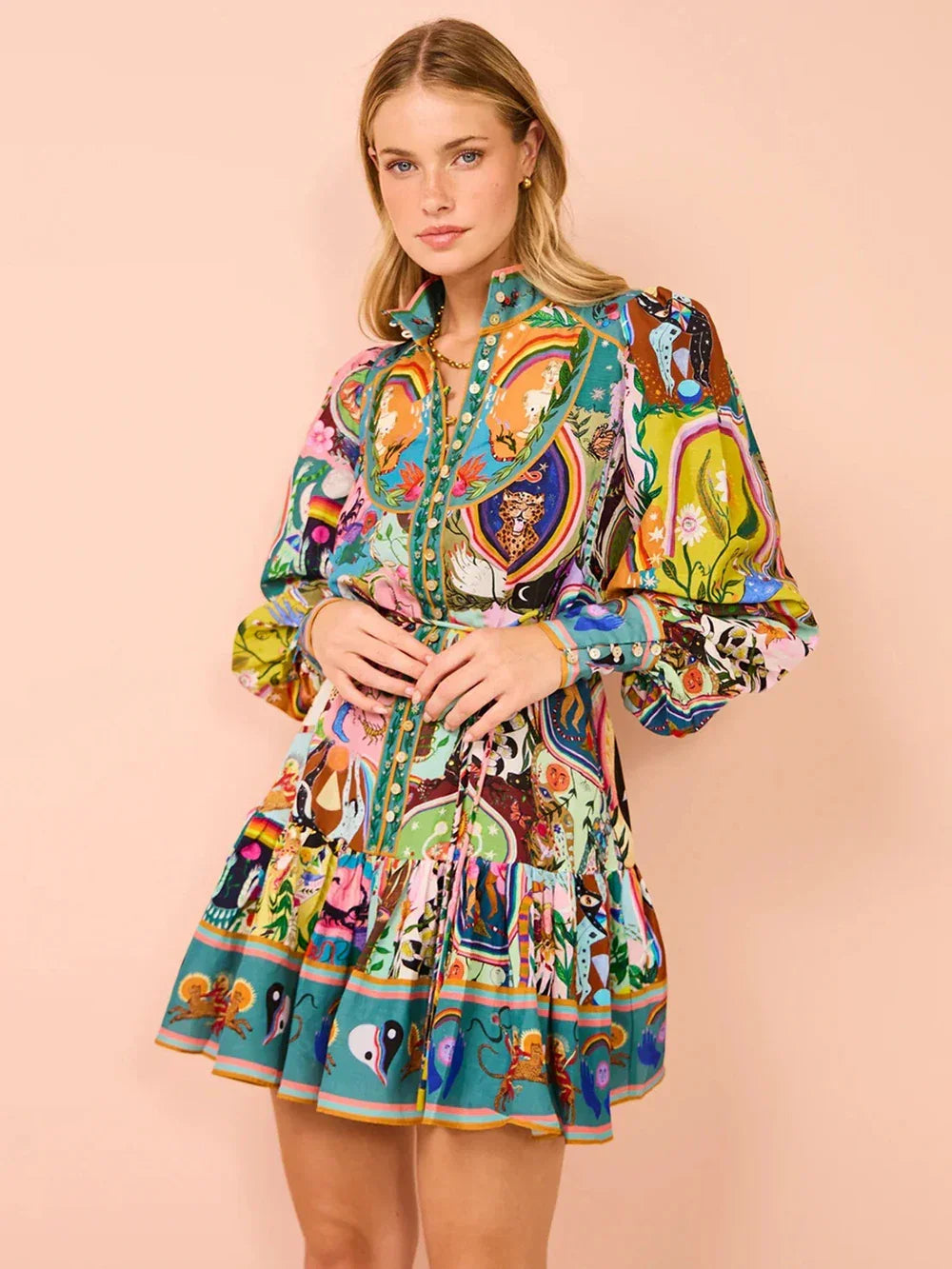 printed round neck cinched waist dress - Palm and Thread