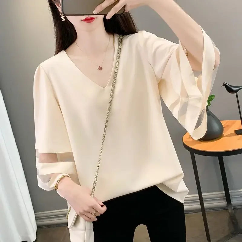 Mesh Patchwork Sleeve Blouse - Palm and Thread