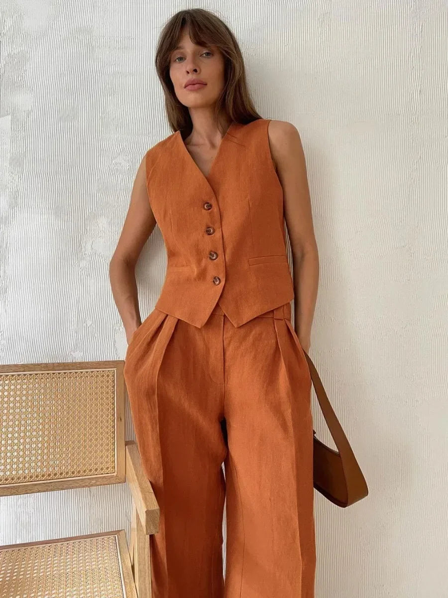 Linen Cotton Chic Vest & Pants Suit Two-Piece Set - Palm and Thread