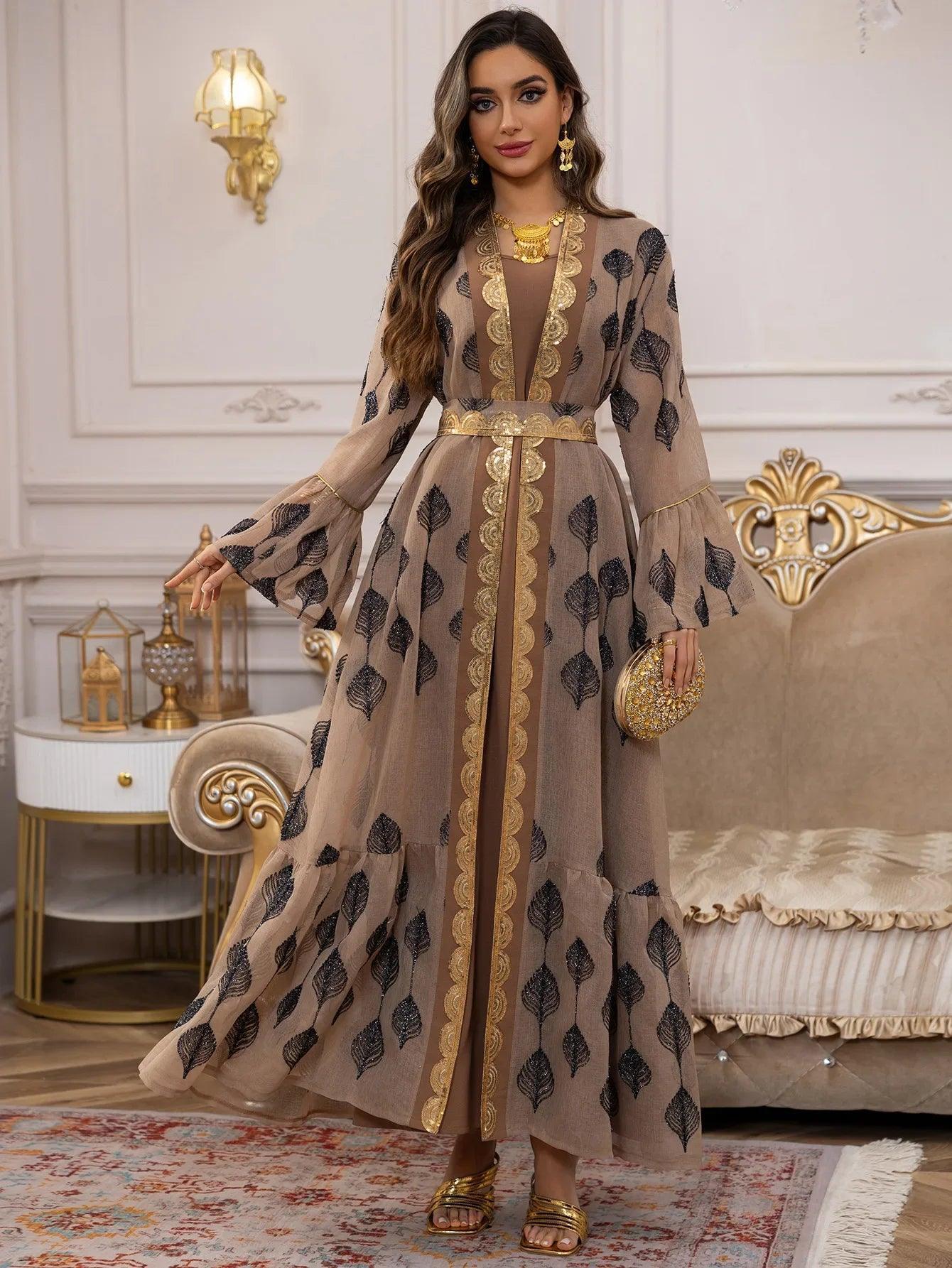 Abaya 2 Piece Set Mesh Embroidery Kaftan Vestidos Largos - Palm and Thread