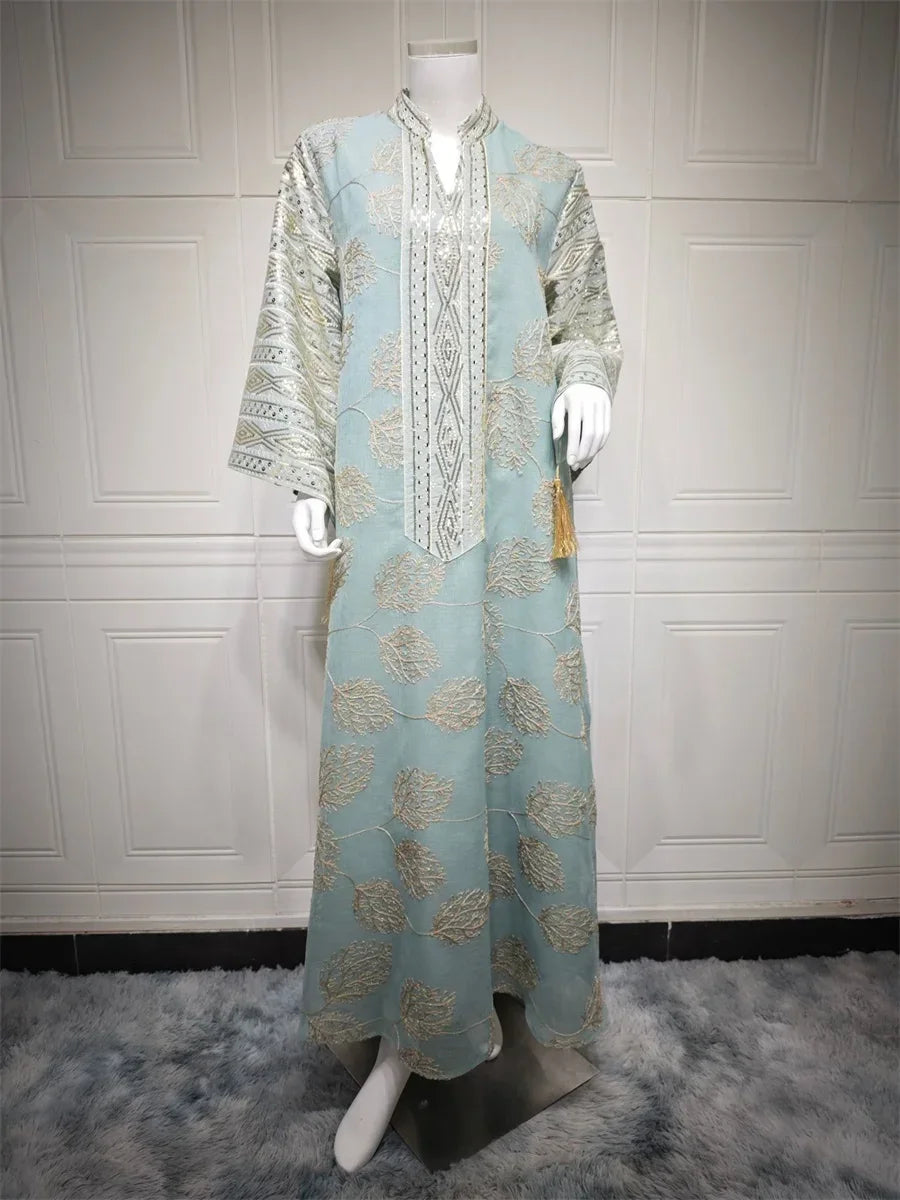 Embroidery Sequins Maxi Dress Casual Loose Abaya - Palm and Thread