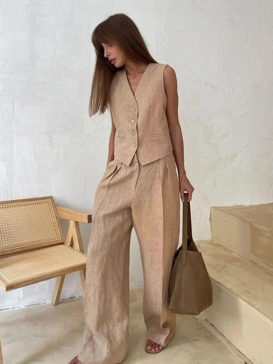 Linen Cotton Chic Vest & Pants Suit Two-Piece Set - Palm and Thread