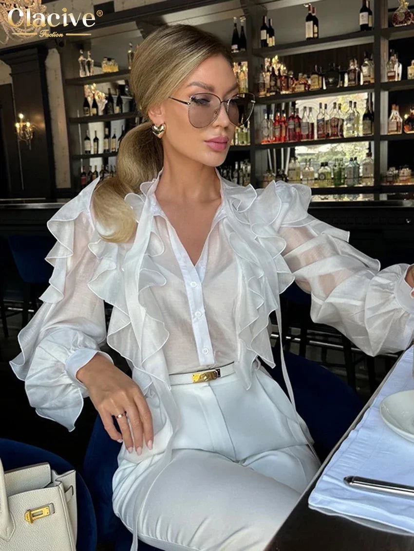 White Fashion Ruffle Collar Long Sleeve Shirt - Palm and Thread