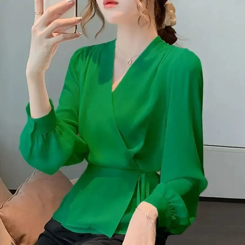 Stylish V-Neck Bandage Chiffon Shirt - Palm and Thread
