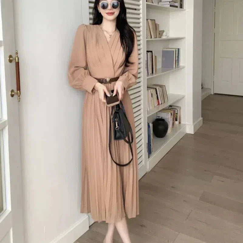 Solid V-Neck Long Sleeve Dress - Palm and Thread