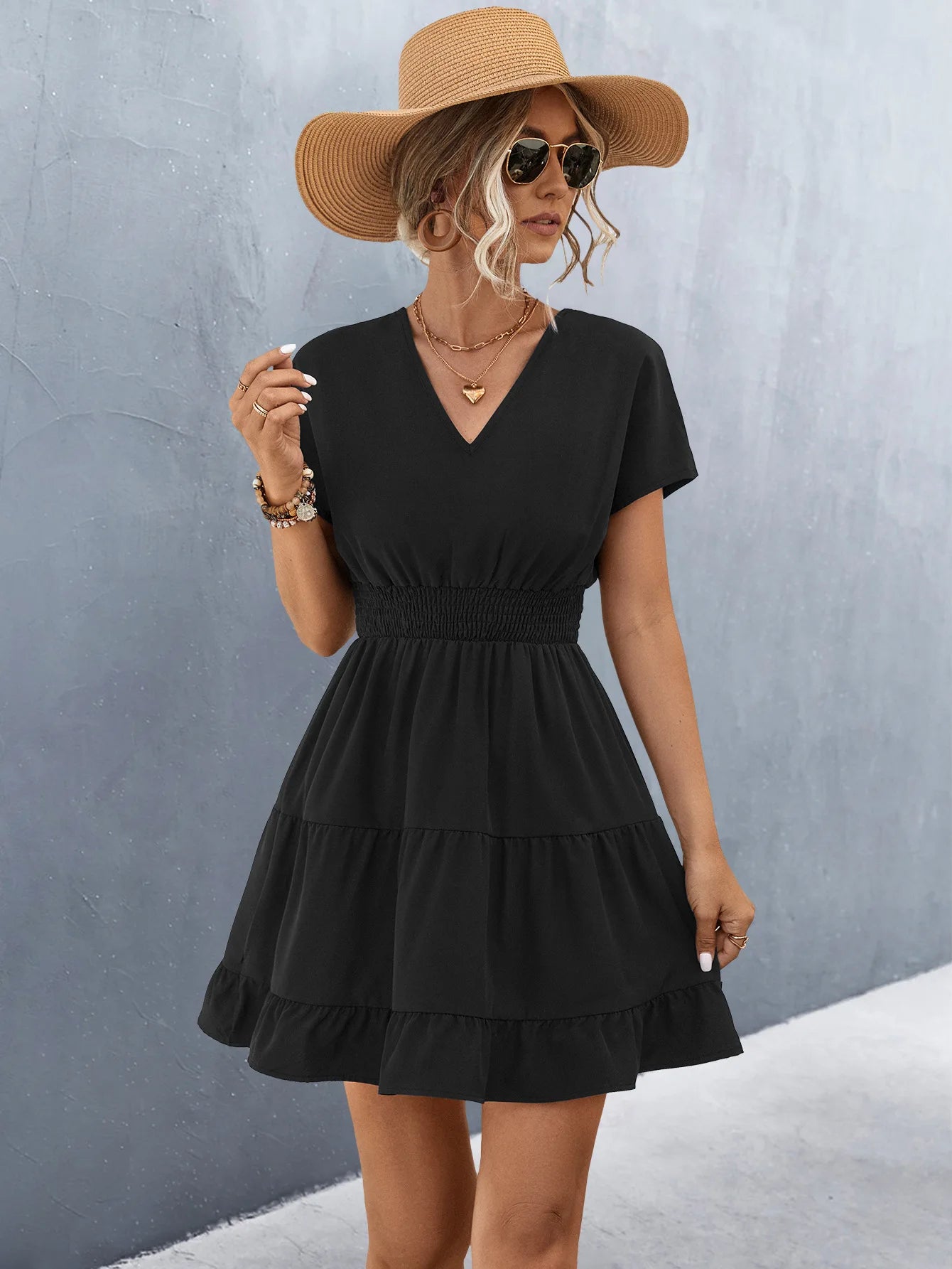 Elegant V-Neck Ruffle A-Line Dress