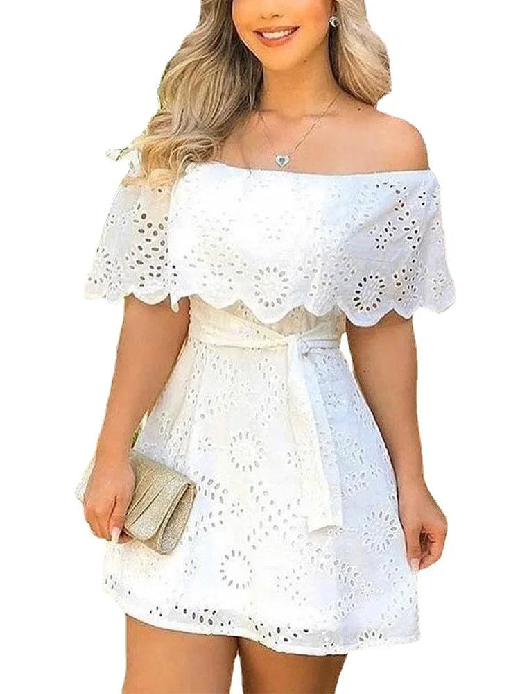 Hollow Out White Off Shoulder Lace Up Mini Dress - Palm and Thread