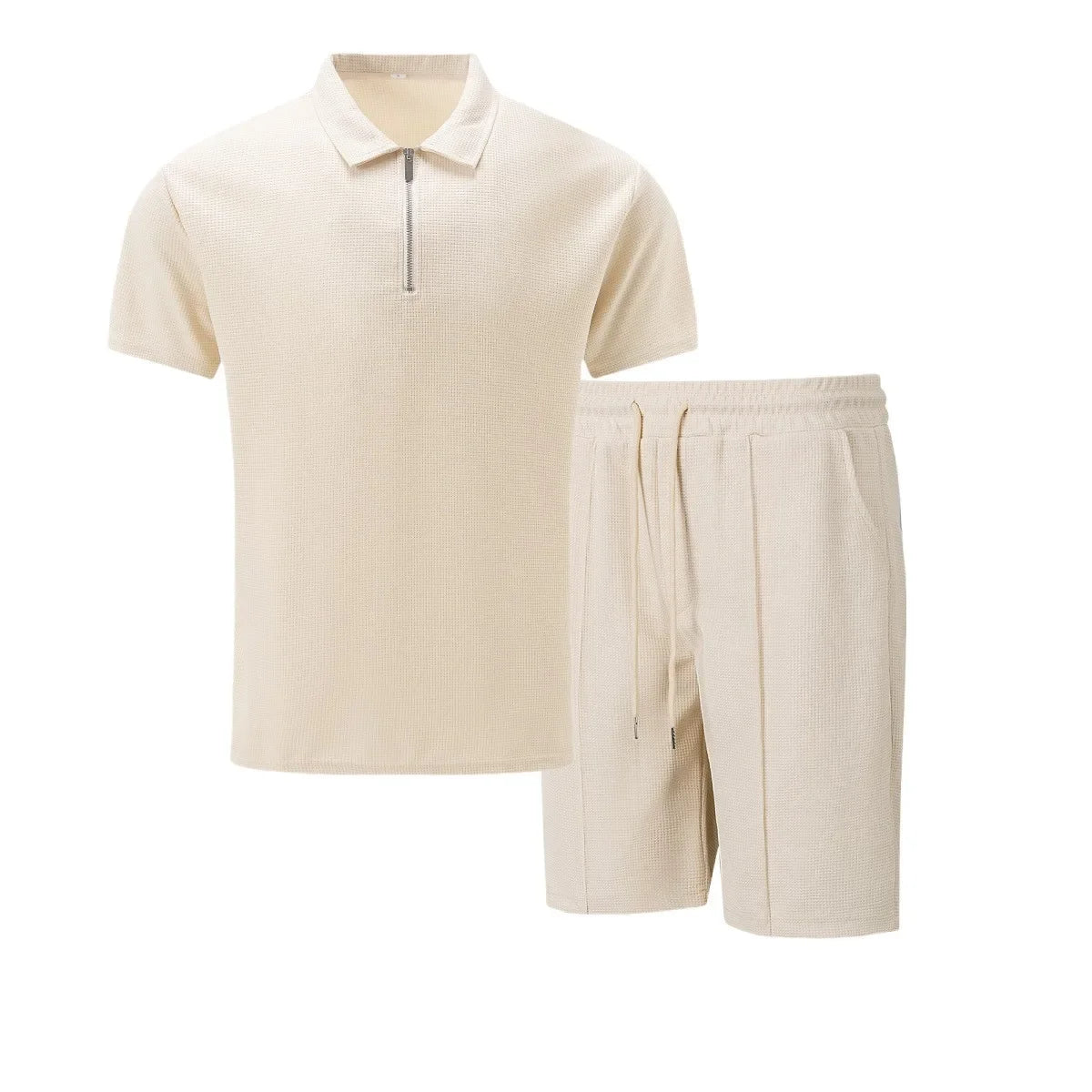 Waffle zip-up lapel short-sleeve suit shorts set - Palm and Thread
