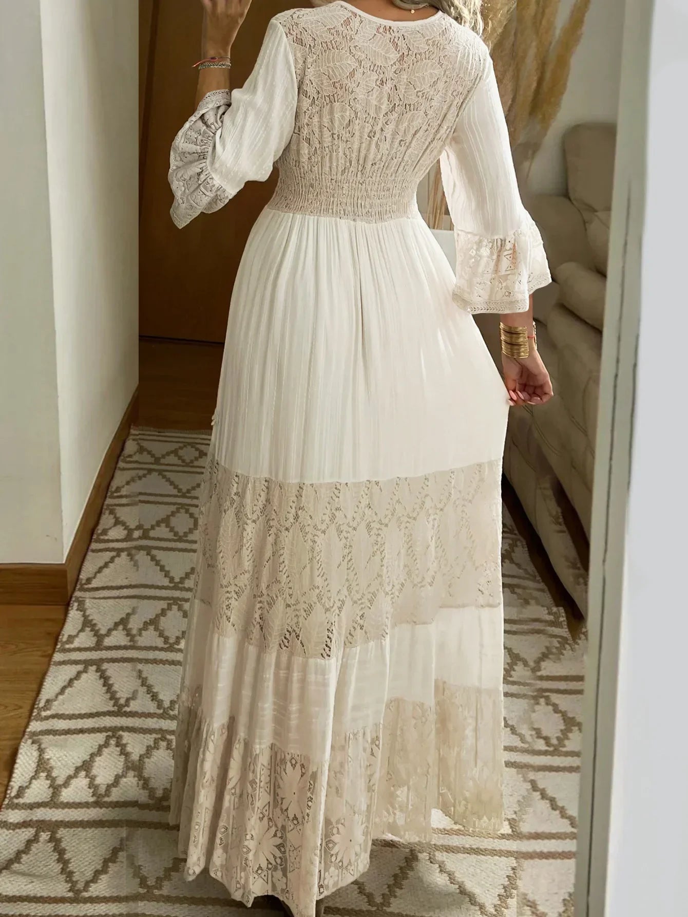 Floral Print Lace V-Neck Long Sleeve Dress - Palm and Thread