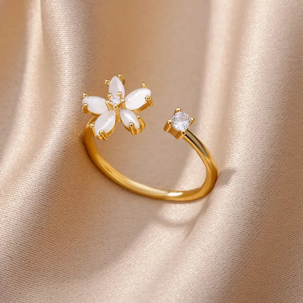 White Zircon Flower Leaf Shape Stainless Steel Ring - Palm and Thread