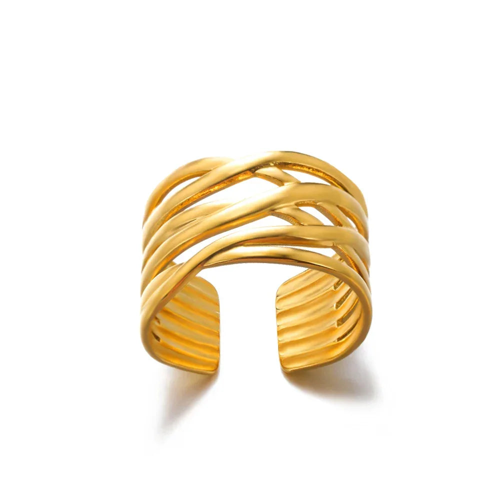 White Zircon Flower Leaf Shape Stainless Steel Ring - Palm and Thread