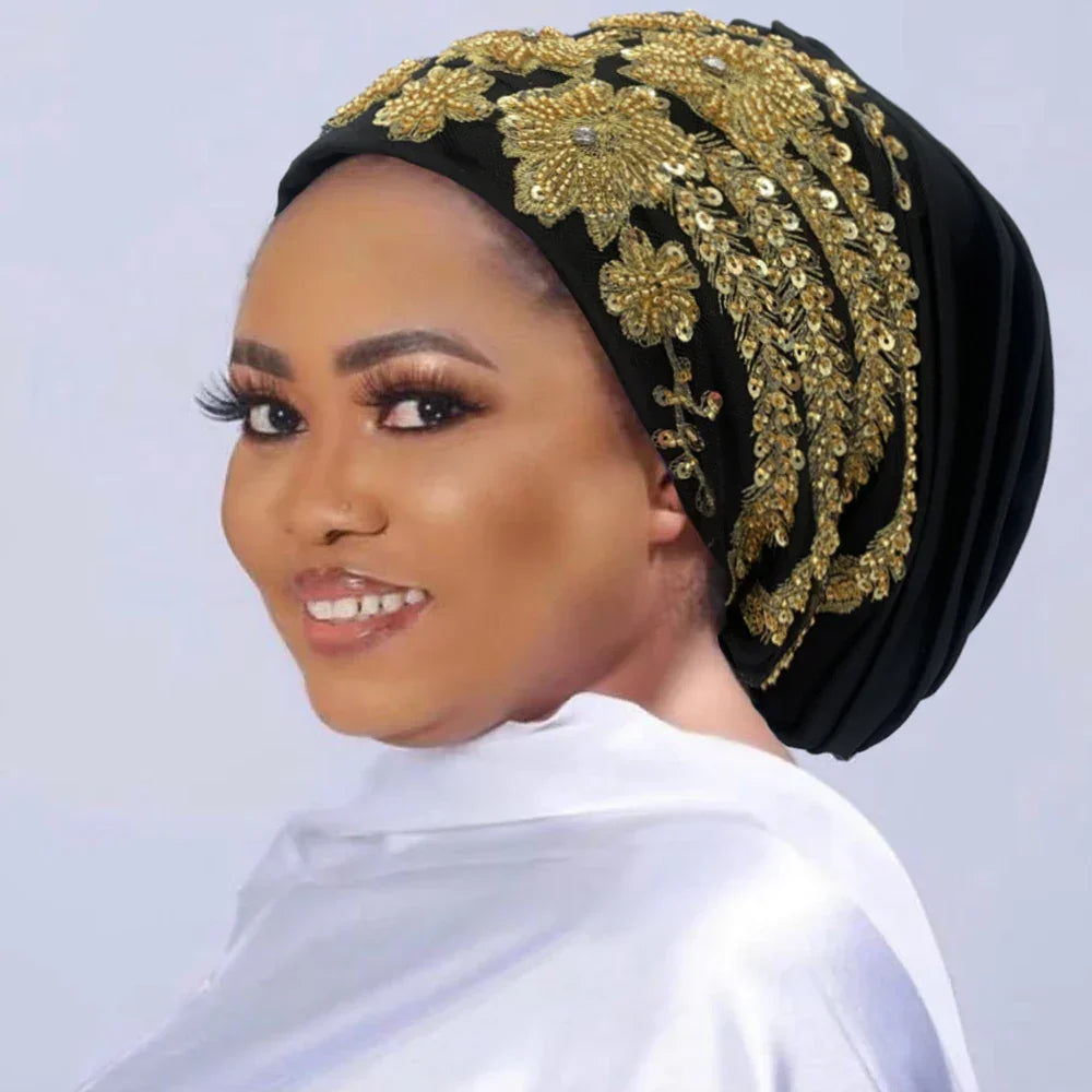 Luxury Embroidery Beading Pleated Turban Cap - Palm and Thread