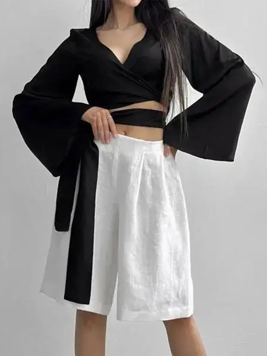 White Satin V-Neck Long Sleeve Shirt - Palm and Thread