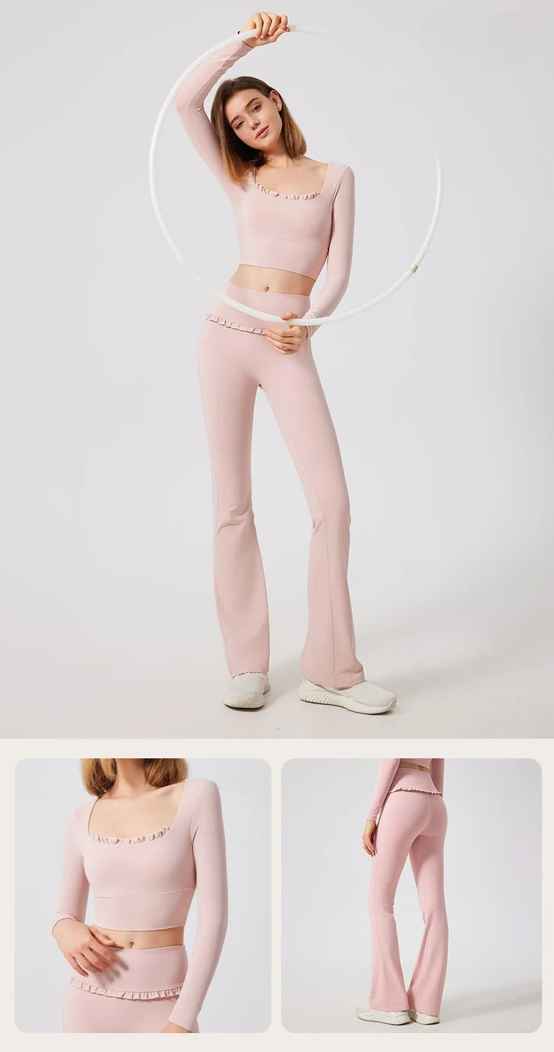 Padded Long Sleeve Crop Top & High Waist Flared Leggings