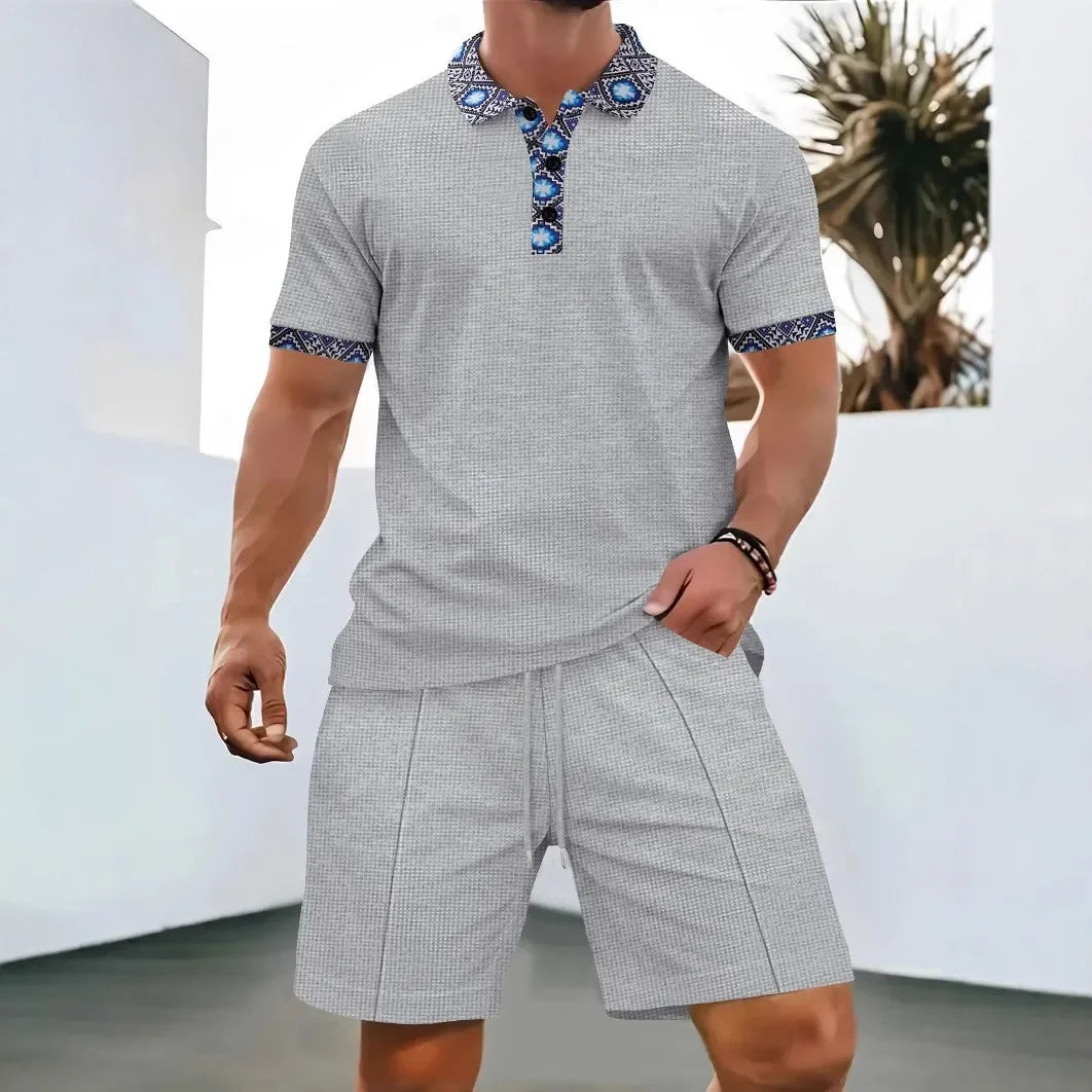 Waffle zip-up lapel short-sleeve suit shorts set - Palm and Thread