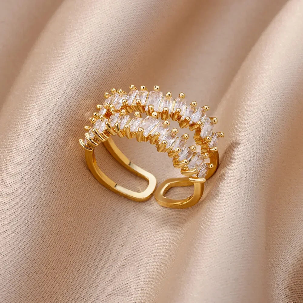 White Zircon Flower Leaf Shape Stainless Steel Ring - Palm and Thread