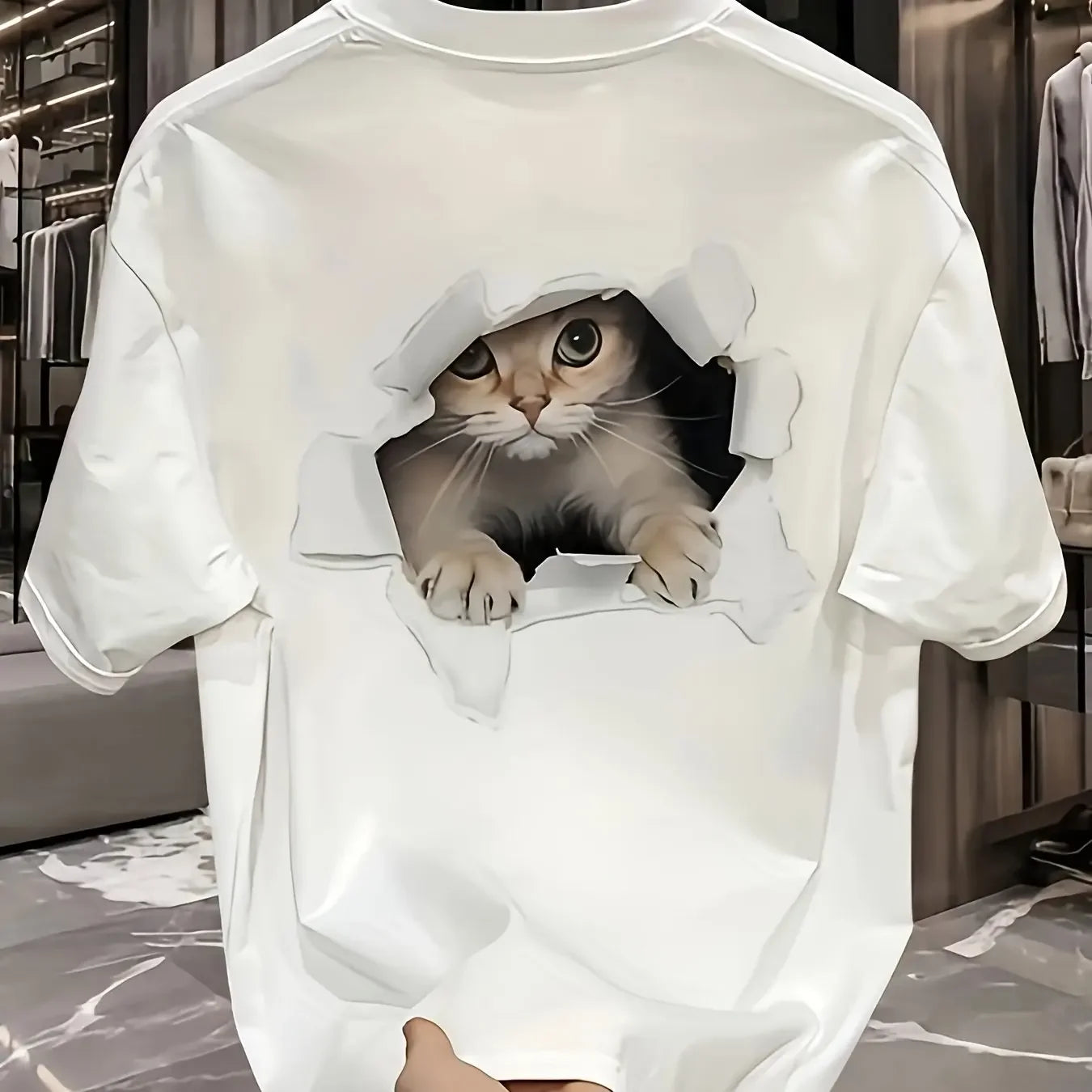 Fashionable Casual Loose Large Size 3D Cat Pattern Printed T-Shirt - Palm and Thread