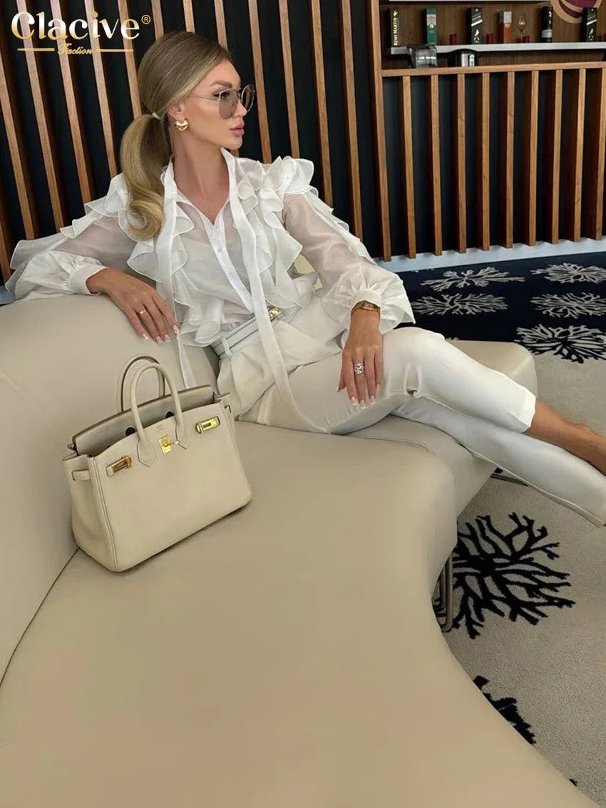 White Fashion Ruffle Collar Long Sleeve Shirt - Palm and Thread