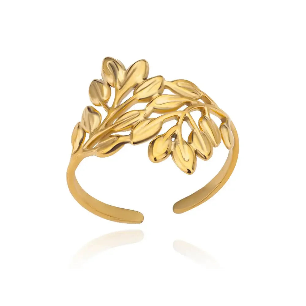 White Zircon Flower Leaf Shape Stainless Steel Ring - Palm and Thread