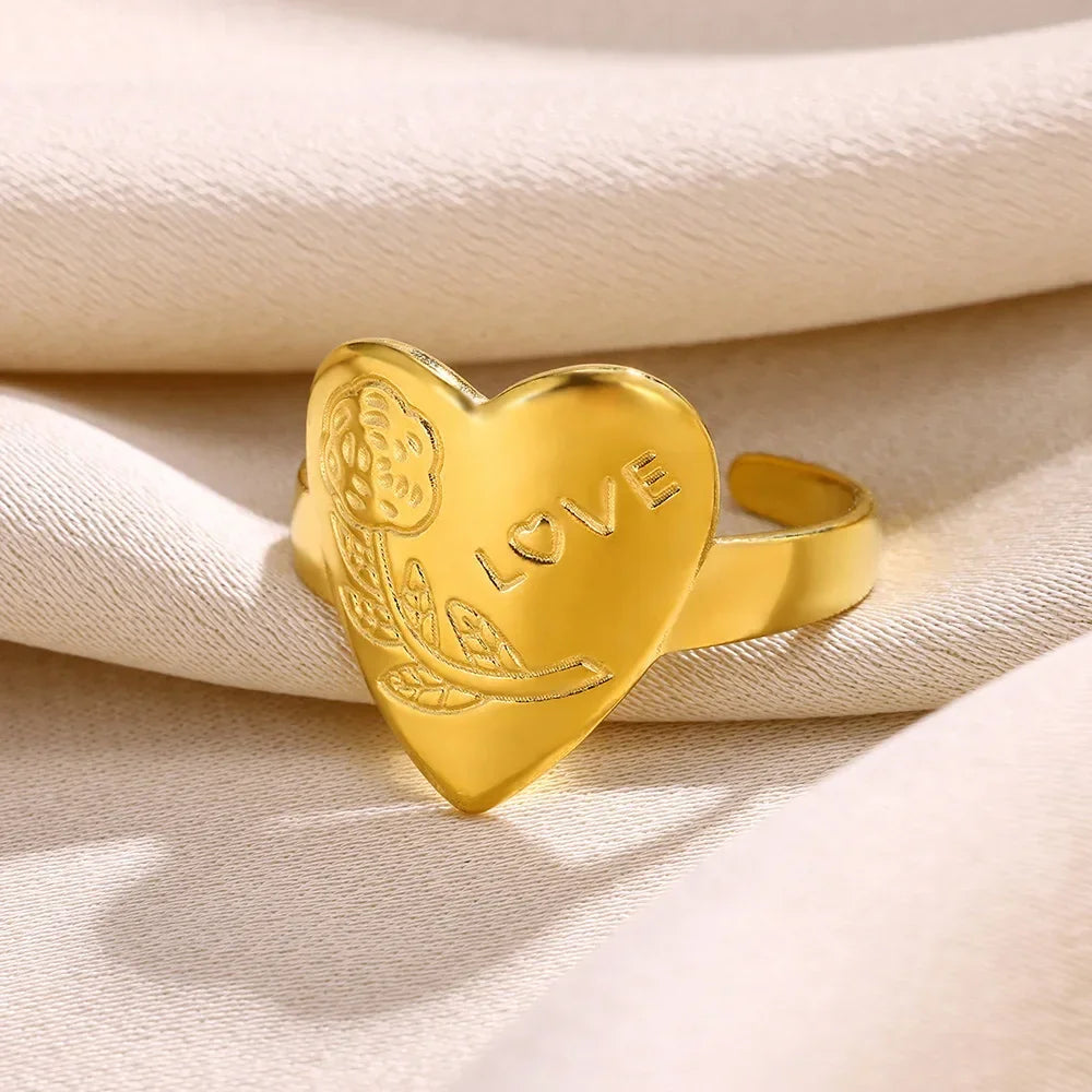 Stainless Steel Heart Wide Ring Adjustable - Palm and Thread