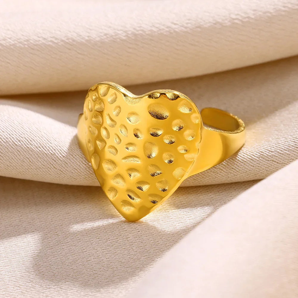 Stainless Steel Heart Wide Ring Adjustable - Palm and Thread