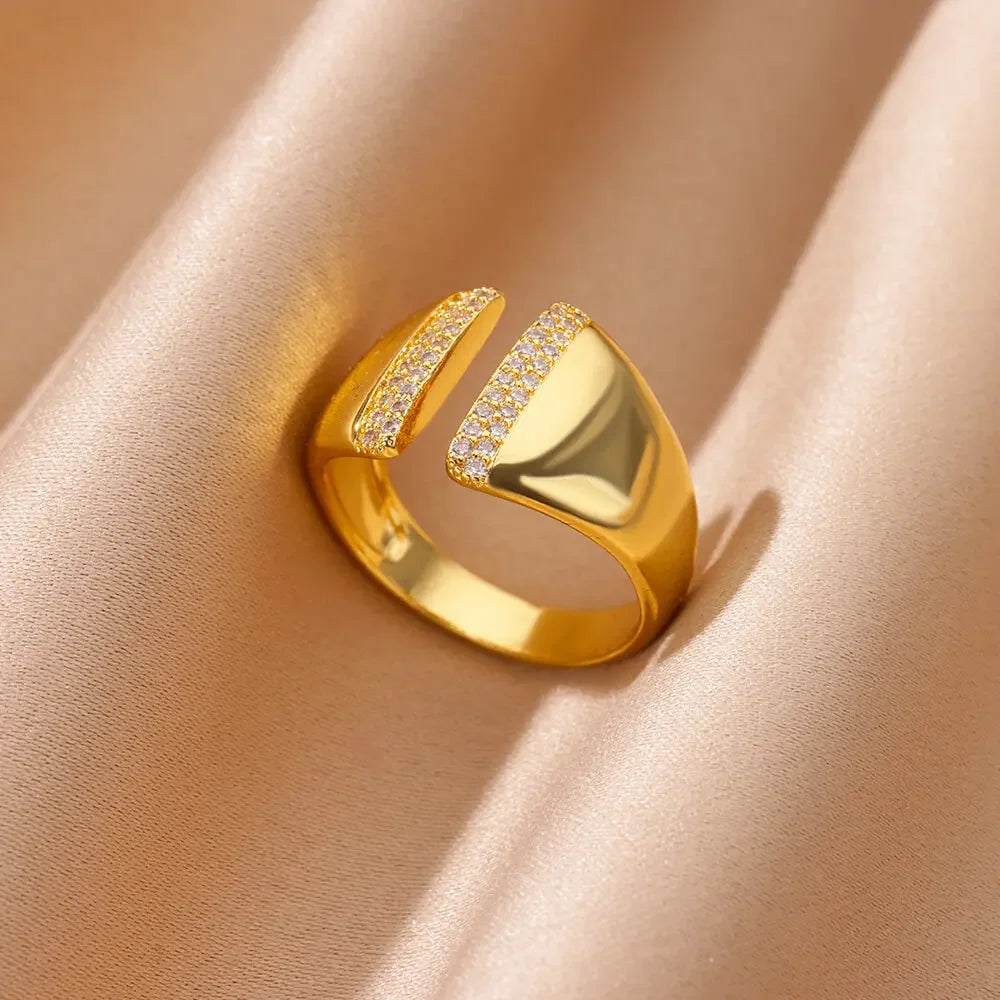 Zircon Cristal Geometric Stainless Steel Gold Color Adjustable Finger Ring - Palm and Thread