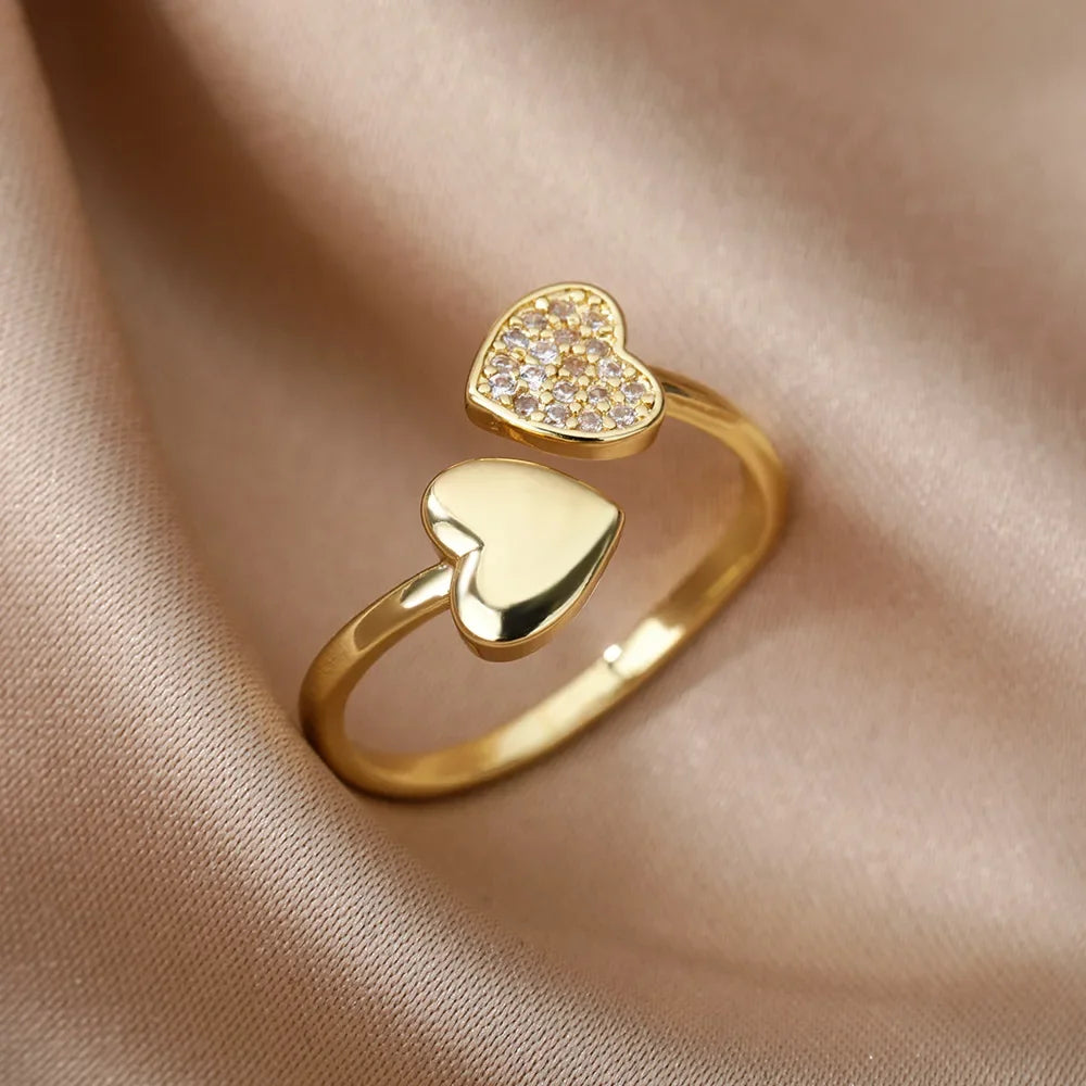 Zircon Heart Stainless Steel Gold Color Geometric Open Finger Ring - Palm and Thread