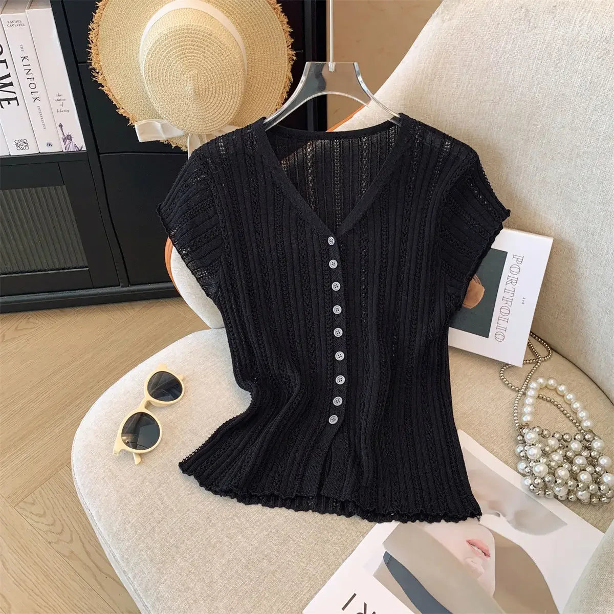 V-neck Cut-out Knitted Cardigan - Palm and Thread