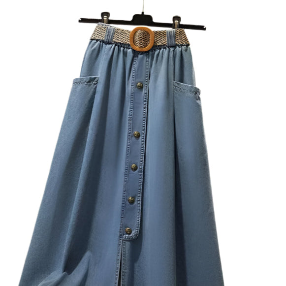 Denim Slim Button Split Long Skirt - Palm and Thread