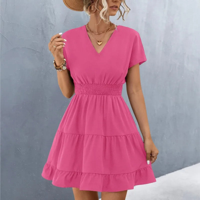Elegant V-Neck Ruffle A-Line Dress