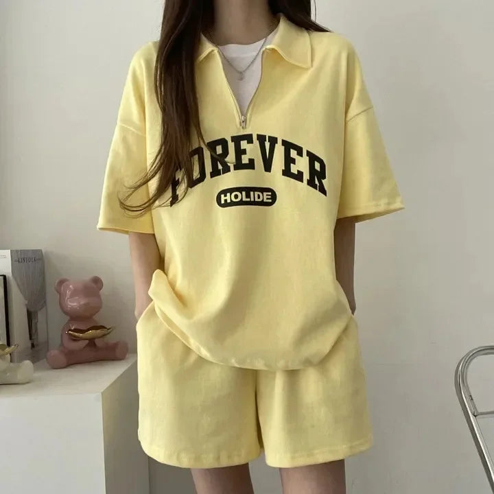 Cotton Ease Zip-Up Polo Shorts Set