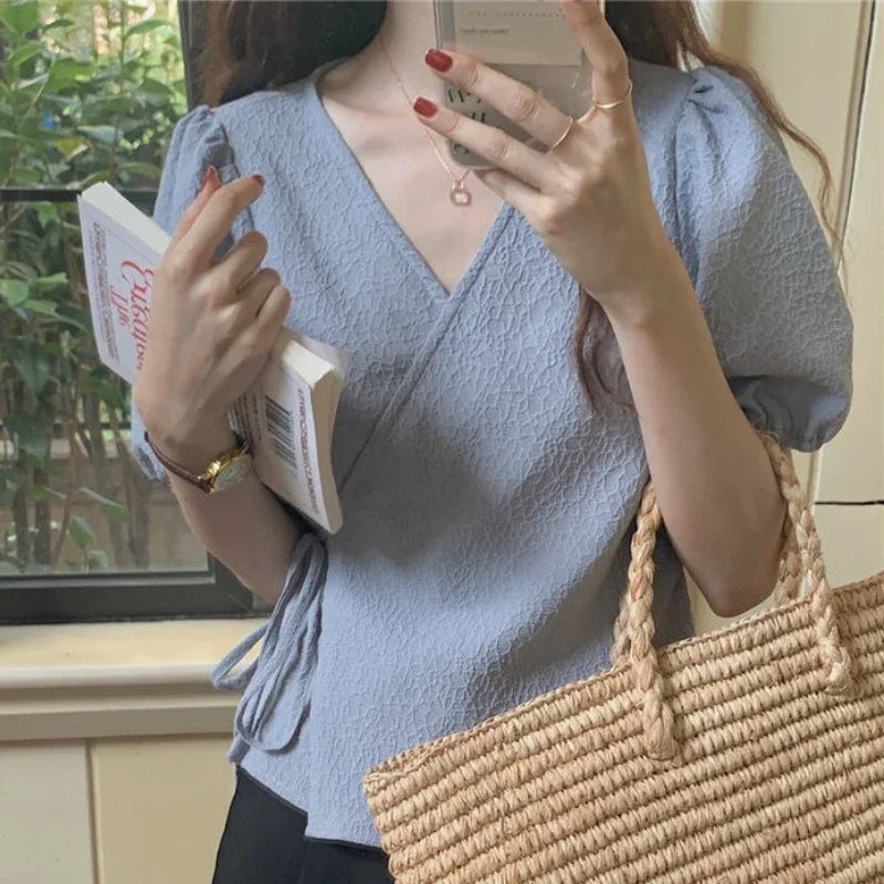 Style Puff Sleeve Leisure Lace-up All-match Vintage Elegant Top - Palm and Thread