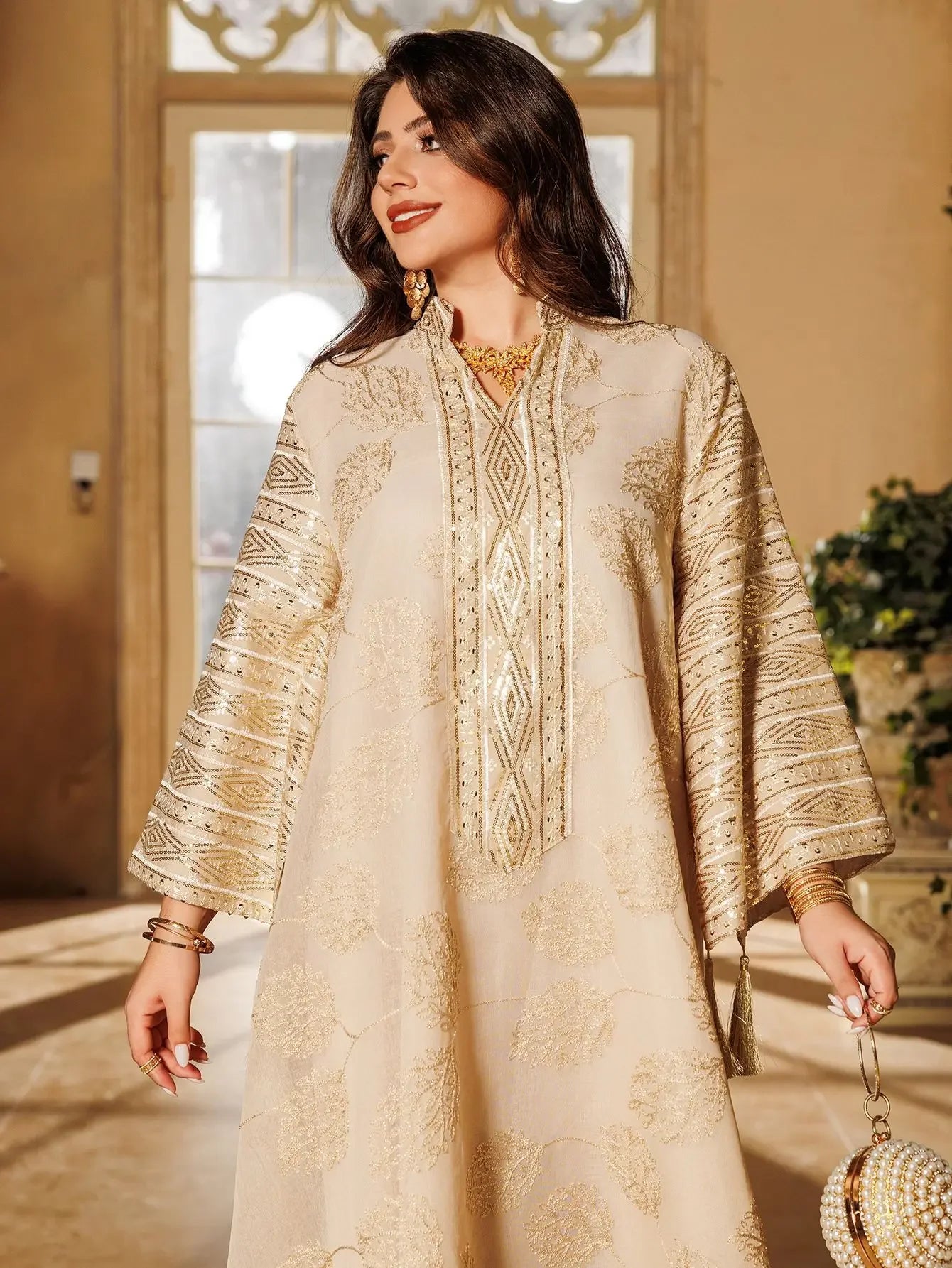 Embroidered Abaya with Gold Detailing Ideal for Formal Occasions - Palm and Thread