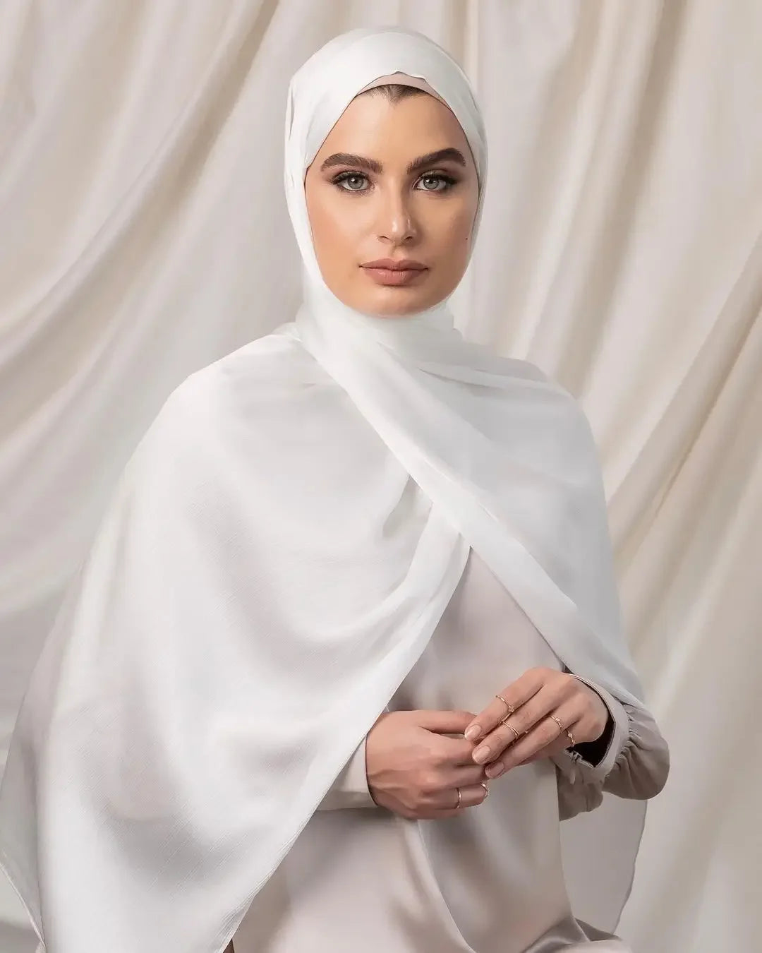 Long Trendy Silk Crepe Satin Crinkle Hijab Headscarf - Palm and Thread