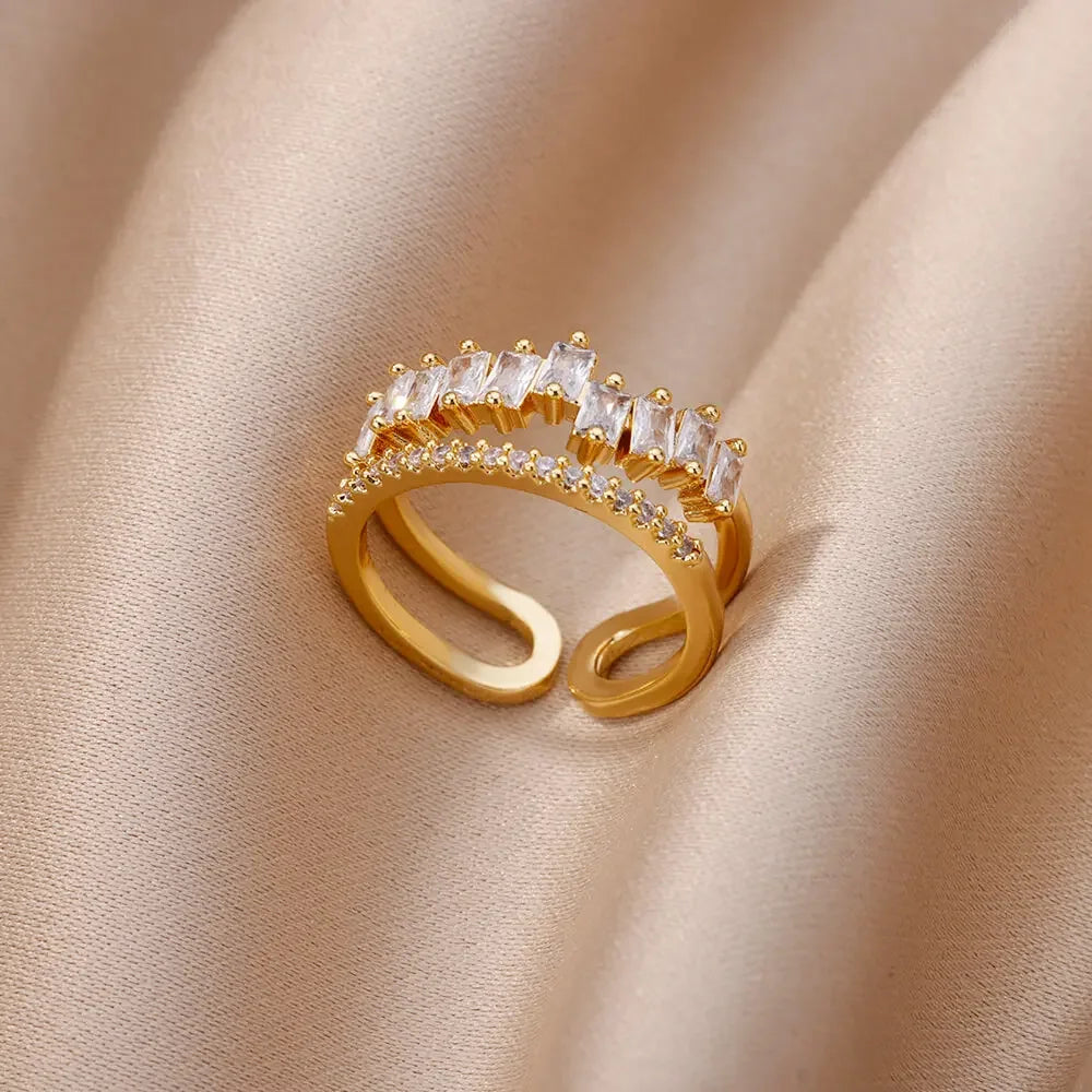 White Zircon Flower Leaf Shape Stainless Steel Ring - Palm and Thread