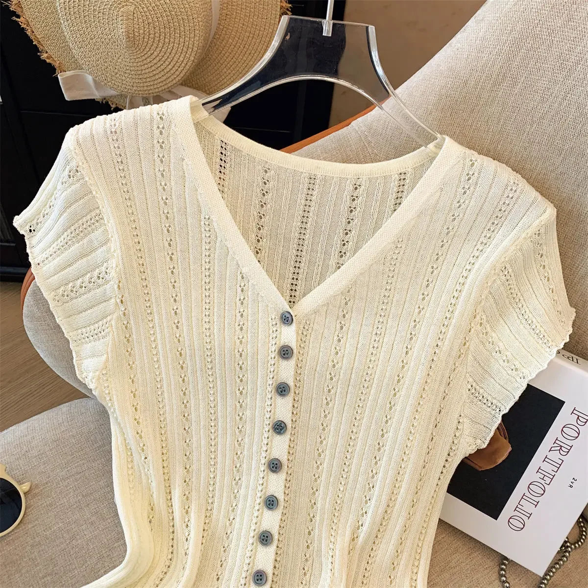V-neck Cut-out Knitted Cardigan - Palm and Thread