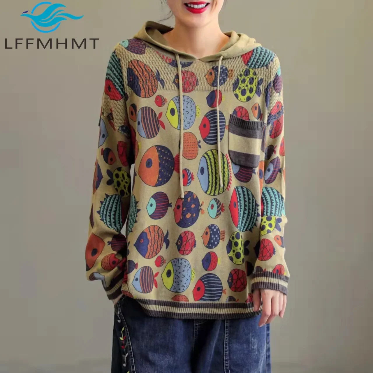 Fish Printing Vintage Sweater Hoodie - Palm and Thread