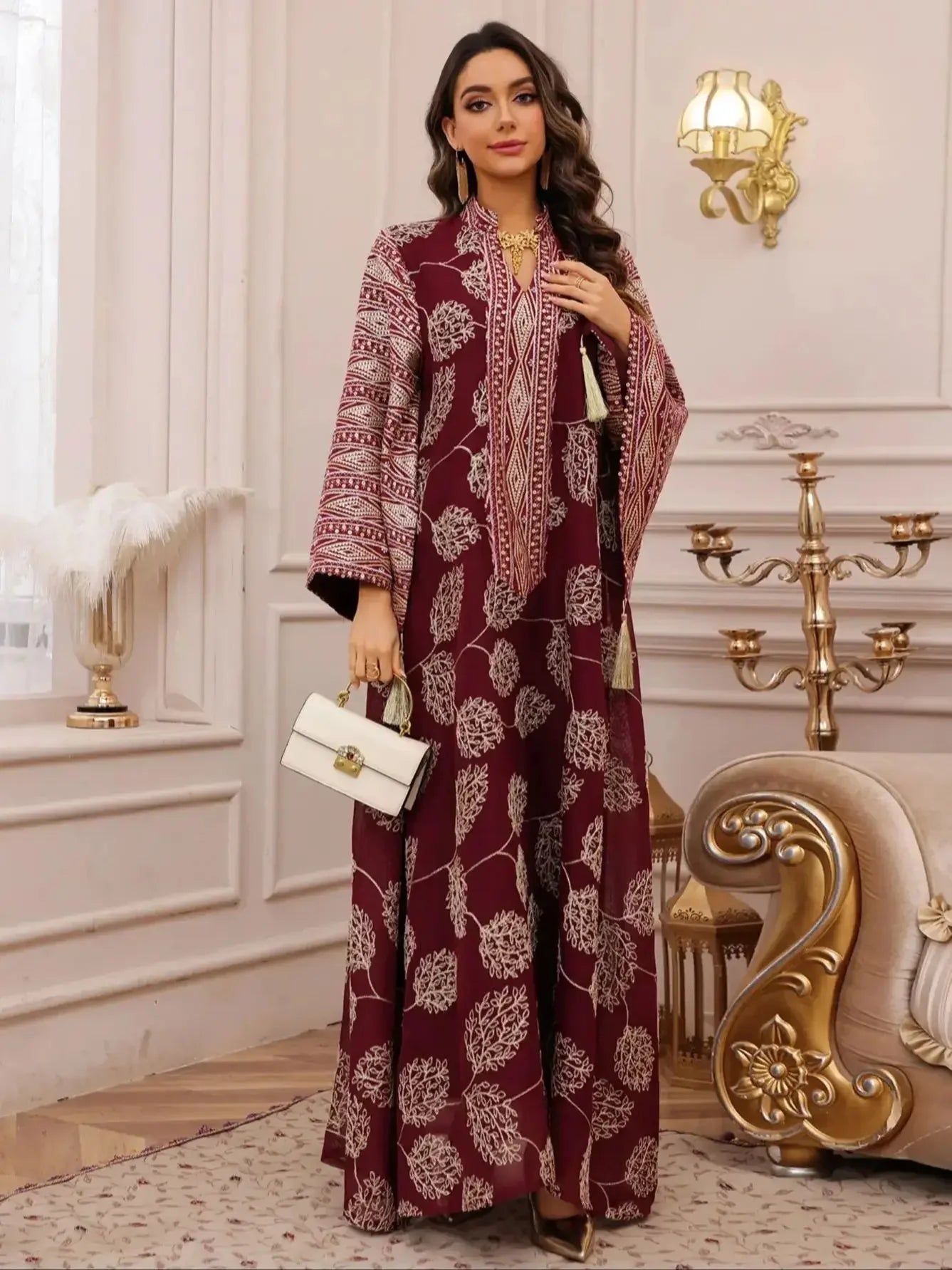 Embroidered Abaya with Gold Detailing Ideal for Formal Occasions - Palm and Thread