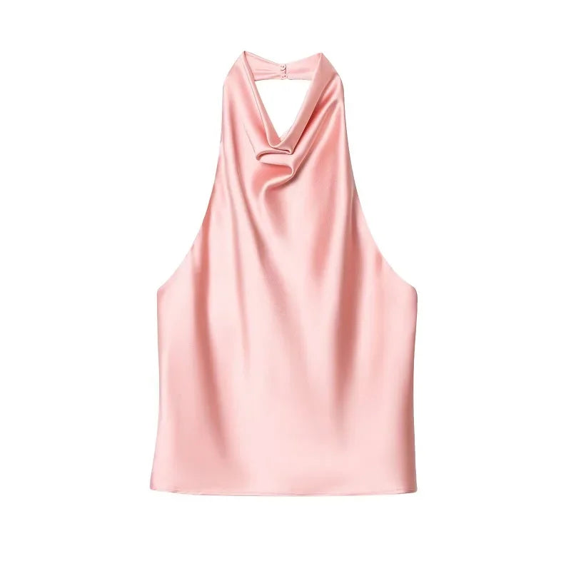 Halter Black Satin Backless Top - Palm and Thread