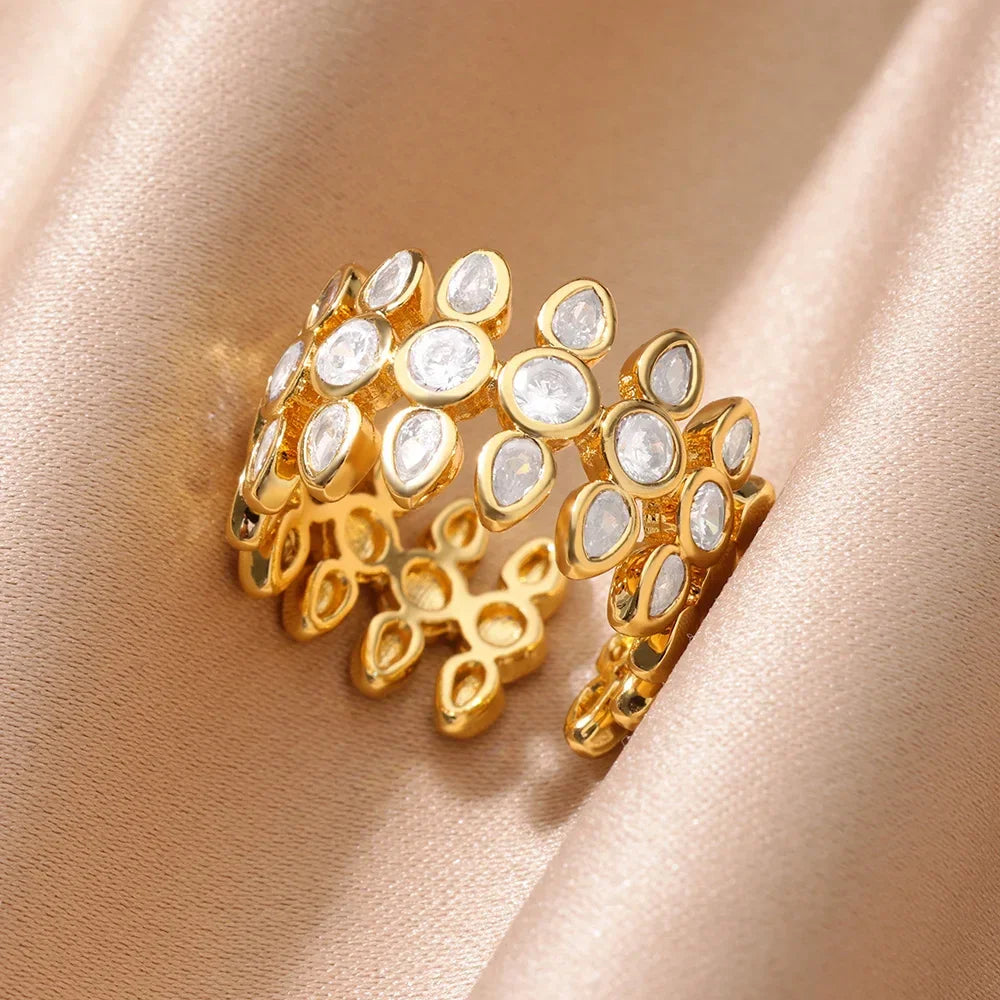 Zircon Cristal Geometric Stainless Steel Gold Color Adjustable Finger Ring - Palm and Thread
