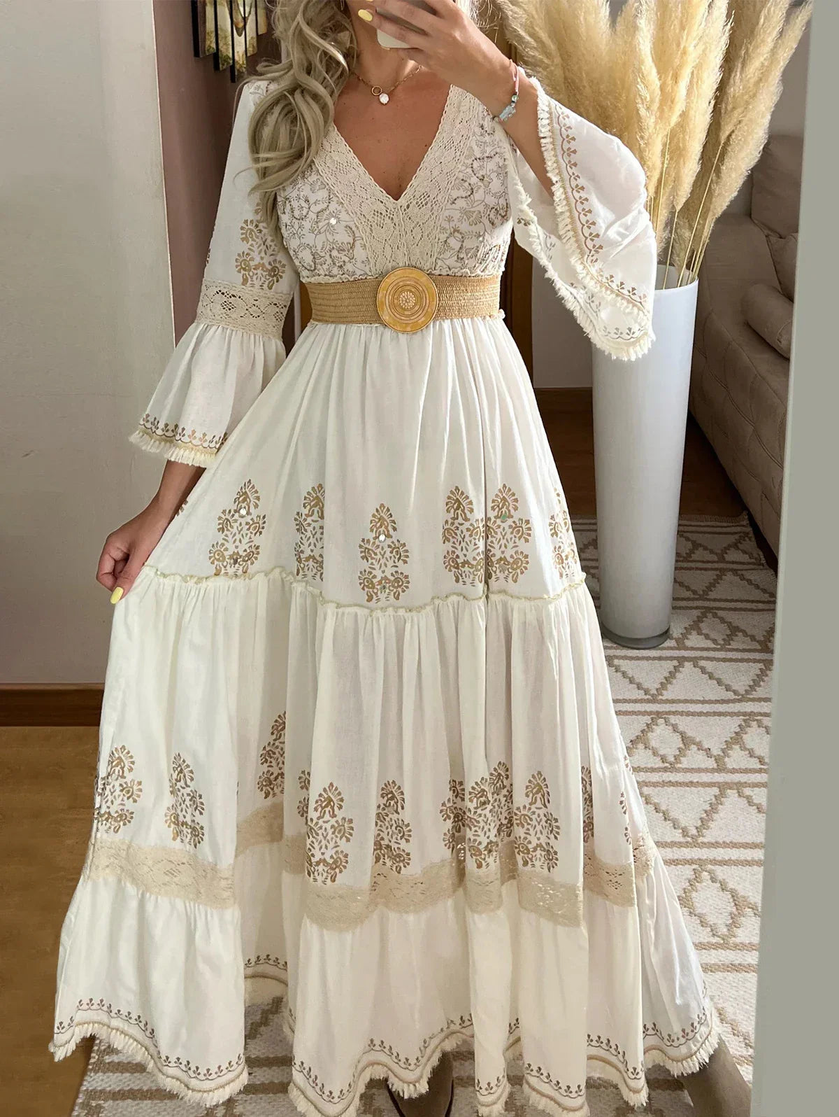 Floral Print Lace V-Neck Long Sleeve Dress - Palm and Thread