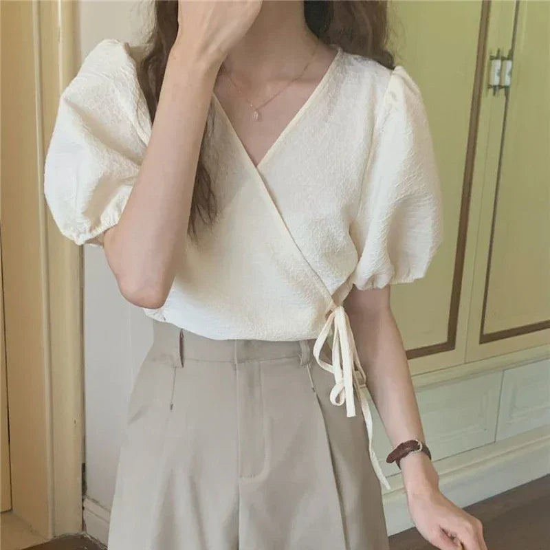 Style Puff Sleeve Leisure Lace-up All-match Vintage Elegant Top - Palm and Thread