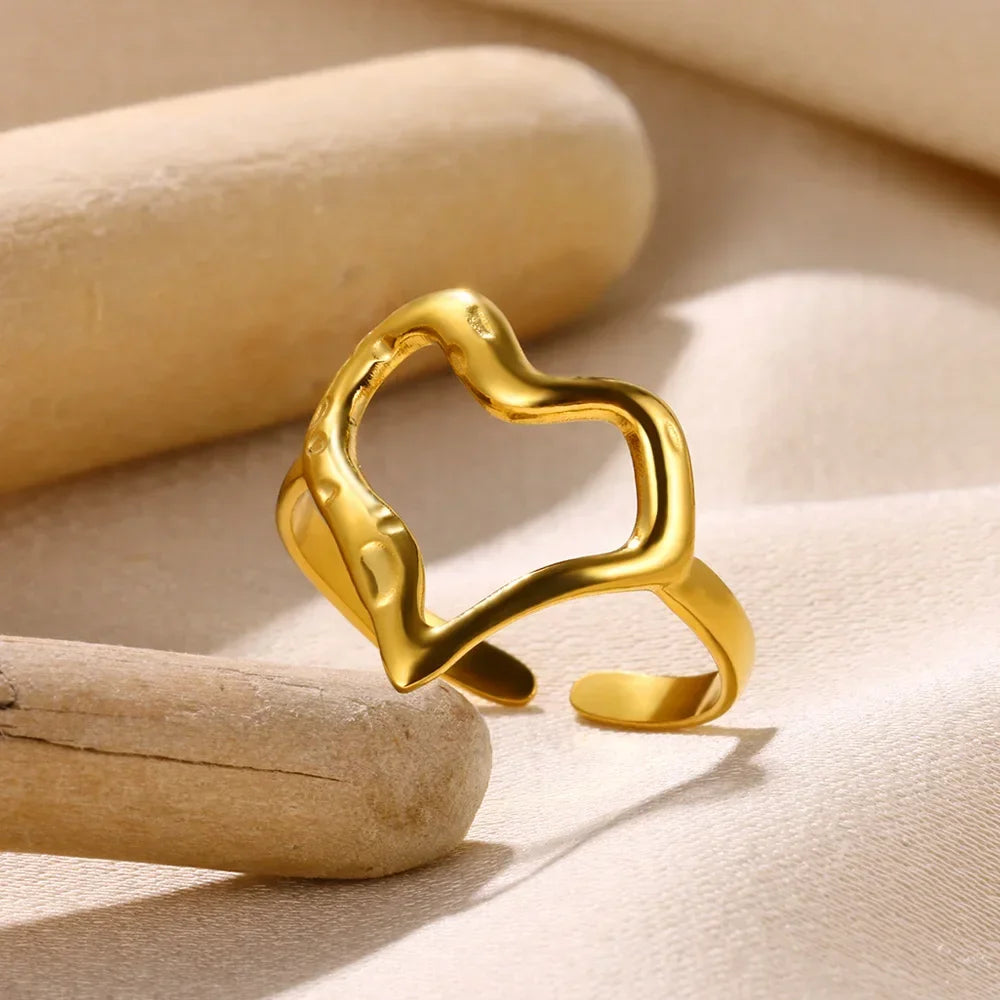 Stainless Steel Heart Wide Ring Adjustable - Palm and Thread
