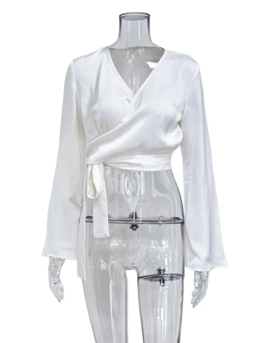 White Satin V-Neck Long Sleeve Shirt - Palm and Thread