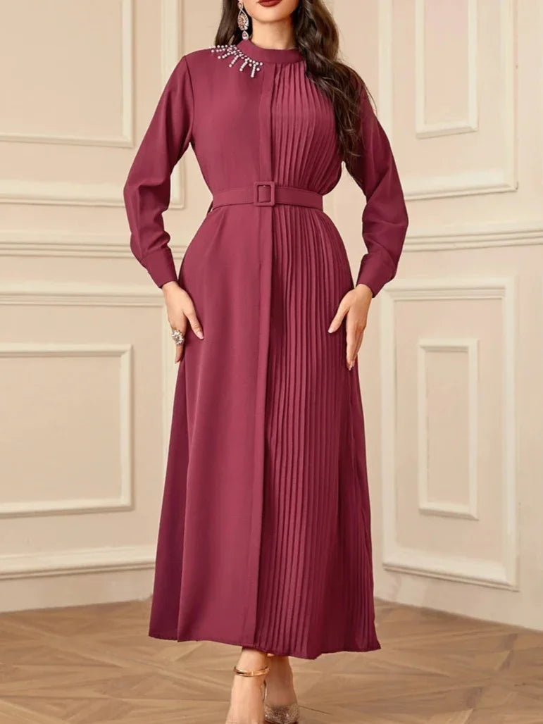Red Elegant Beaded Pleated Dress - Palm and Thread
