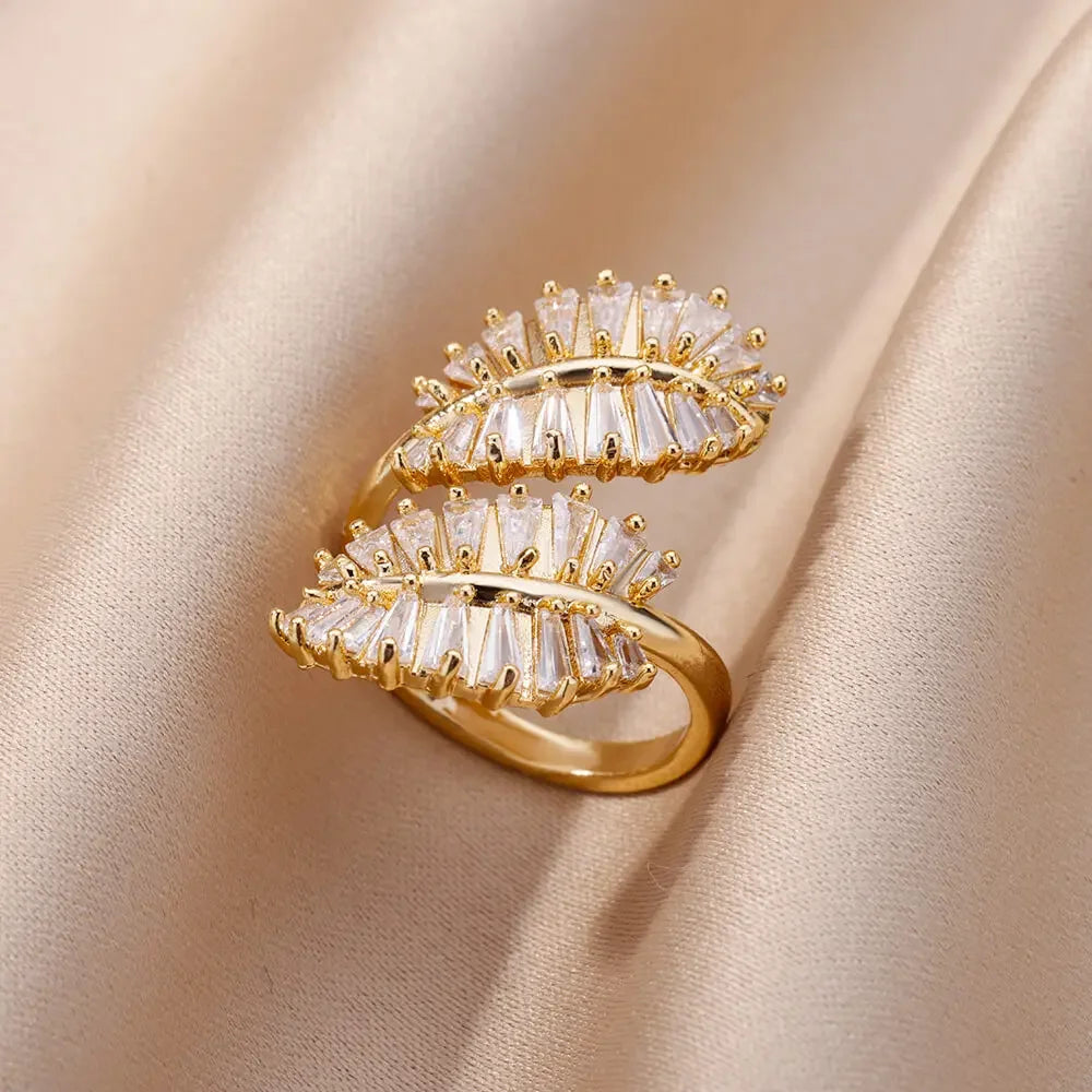 White Zircon Flower Leaf Shape Stainless Steel Ring - Palm and Thread