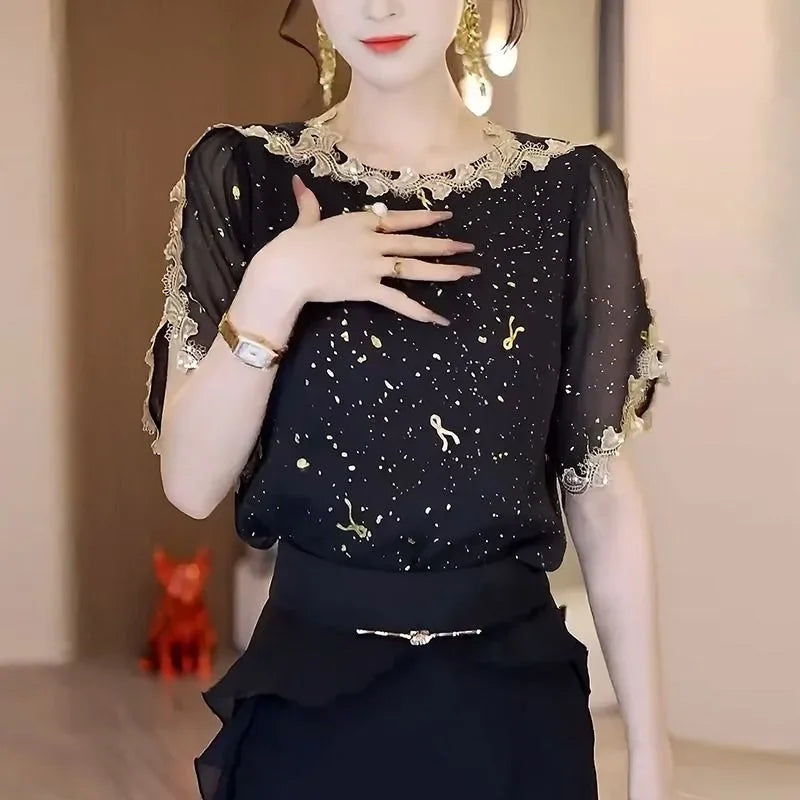Elegant Thin Casual All-match Black Sheer Blouse - Palm and Thread